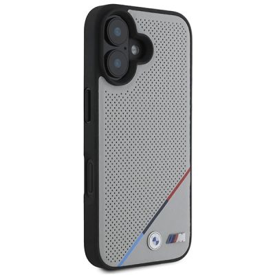 4. BMW M Perforierte Tricolor Line MagSafe Hülle für iPhone 16 - Grau