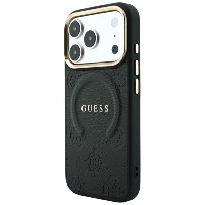 2. Guess Saffiano Peony & Ring MagSafe Hülle für iPhone 17 Pro / 18 Pro - Schwarz