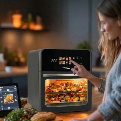 GREENBLUE FETTFREIE HEISSLUFTFRITTEUSE, LEISTUNGSSTARK 1800 W, FASSUNGSVERMÖGEN 10 L, 8 PROGRAMME, ZUBEHÖR, TIMER GB950