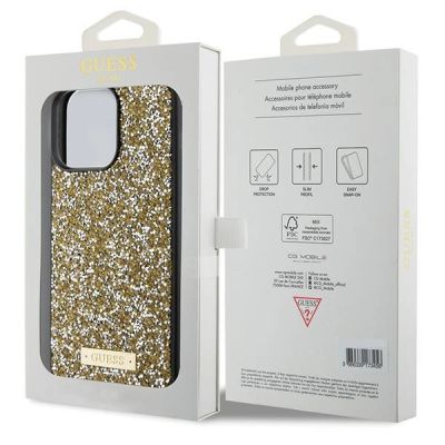 8. Guess Rhinestone Metal Logo Hülle für iPhone 15 Pro Max – Gelb