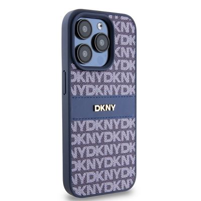 4. DKNY Lederhülle mit Monostreifen und Metalllogo für iPhone 15 Pro – Blau