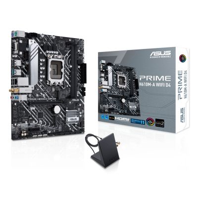 Asus | Mainboard H610M-A WIFI D4 | Intel Prozessorfamilie | Prozessorsockel LGA1700 | DDR4-Speichersteckplätze | 2 Speichersteckplätze | Unterstützte Festplattenschnittstellen: SATA, M.2 | Anzahl SATA-Anschlüsse: 4 | Chipsatz: Intel H610 | Formfaktor: mATX