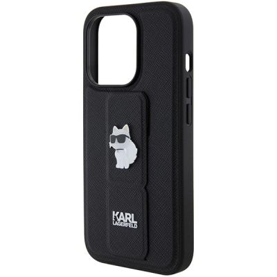6. Karl Lagerfeld Gripstand Saffiano Choupette Pins Hülle für iPhone 14 Pro – Schwarz