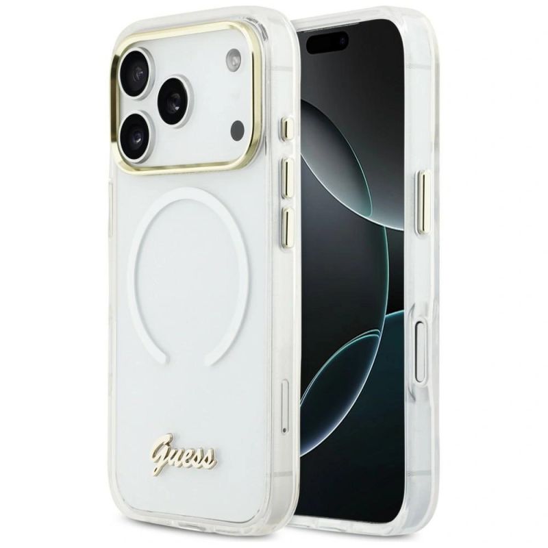 Guess IML Gradient Script Metal MagSafe Hülle für iPhone 17 Pro - Weiß