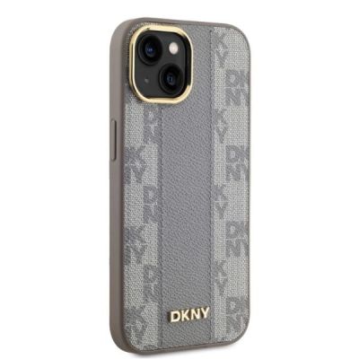 4. DKNY Leather Checkered Mono Pattern MagSafe-Hülle für iPhone 14 – Beige