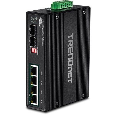 2. TRENDnet TI-UPG62 Switch – Unmanaged – 4 x 10/100/1000 (PoE+) + 2 x Gigabit SFP – DIN-Schienen- und Wandmontage möglich – PoE+ (240 W) – DC