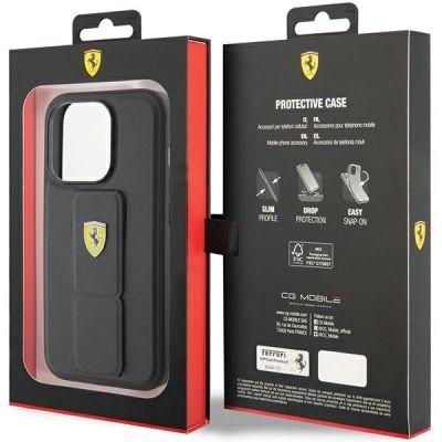 9. Ferrari Grip Stand Metall-Logo-Hülle für iPhone 15 Pro – Schwarz