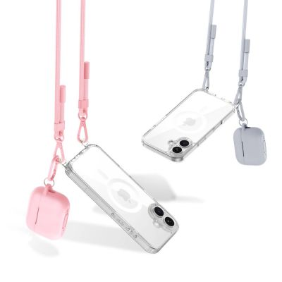 5. Tech-Protect Flexair Chain MagSafe Hülle für iPhone 16 - Transparent + 2 Tragebänder (Pink und Grau)