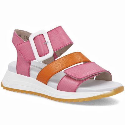 4. Rieker W2950-31 Damen-Sandalen aus rosa Leder mit hohem Absatz