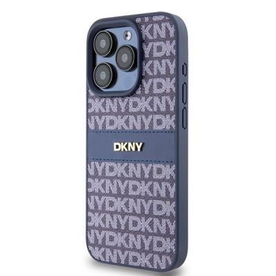 2. DKNY Lederhülle mit Monostreifen und Metalllogo für iPhone 15 Pro – Blau