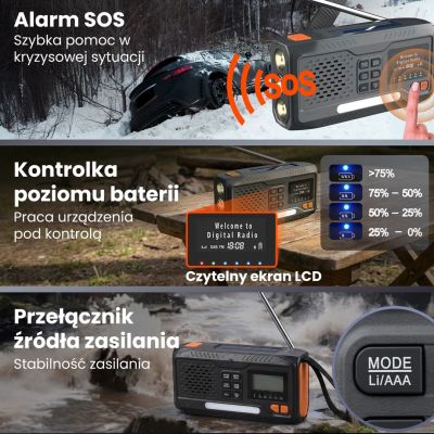 7. Extralink Bluetooth-Solarradio mit Kurbeldynamo-Powerbank (4000 mAh) und SOS-Taschenlampe BT-4000, tragbar, analog und digital, Schwarz/Orange