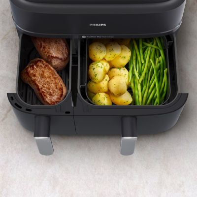 3. Philips Fritteuse der Serie 5000 NA551/00, Doppelfritteuse, 9 l, autonom, 2750 W, Heißluftfritteuse, Schwarz/Silber