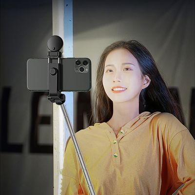 11. Selfie-Stick WH1YXS Teleskopstativ 1 m mit runder Lampe und Telefonhalter – Schwarz