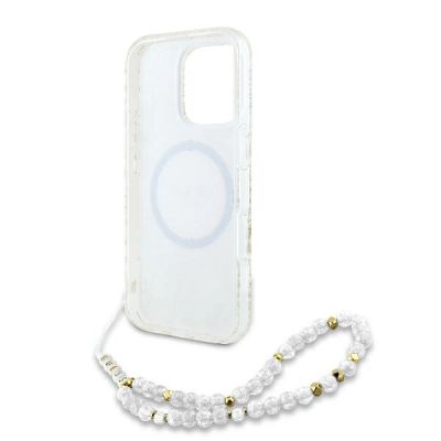 6. Guess IML Flowers Allover Electro With Pearl Strap MagSafe-Hülle für iPhone 16 Pro – Weiß