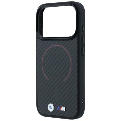 6. BMW M Kevlar MagSafe Hülle mit rotem Printring und Metalllogo für iPhone 18 Pro Max / 17 Pro Max – Schwarz