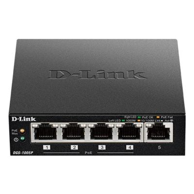 D-Link DGS-1005P/E Netzwerkkarte, unmanaged Gigabit Ethernet (10/100/1000) mit PoE-Unterstützung, Schwarz