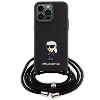 2. Karl Lagerfeld Umhängetasche mit Saffiano-Monogramm und Metallnadel, Karl & Choupette-Hülle für iPhone 15 Pro Max – Schwarz