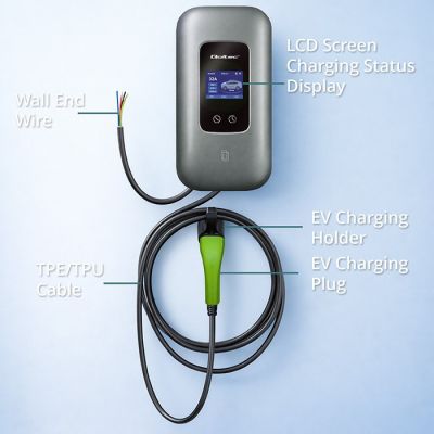 5. Qoltec EV-Ladestation Typ 2 für Elektro- und Hybridfahrzeuge | 3-phasig | 22 kW | 32 A | WLAN | LCD | RFID | Smart Life | TUYA | Wallbox | 5 m