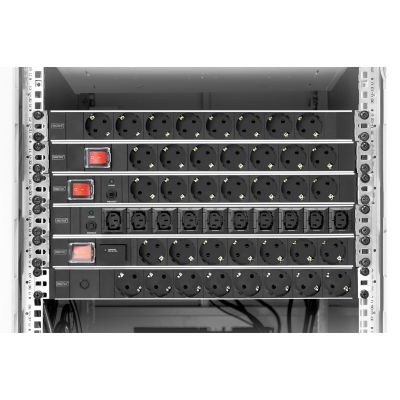 6. Digitus PDU 19" Rackmount-Steckdosenleiste, 7 Schuko-Steckdosen, 2,0 m Kabel, 1 Unischuko-Stecker, 16 A, Ein/Aus-Schalter, Überspannungsschutz, Aluminiumprofil
