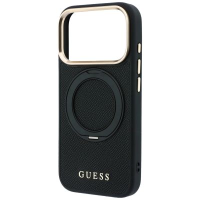 6. Guess Ring Stand 360 Grained Classic Logo MagSafe Hülle für iPhone 18 Pro Max / 17 Pro Max - Schwarz
