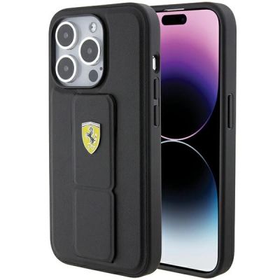 Ferrari Grip Stand Metall-Logo-Hülle für iPhone 15 Pro – Schwarz
