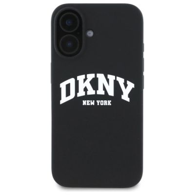 3. DKNY Silikon-MagSafe-Hülle mit weißem bedrucktem Logo für iPhone 16 – Schwarz