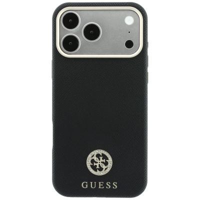 3. Guess MagSafe Hülle mit genarbtem, rundem Strass-Logo für iPhone 18 Pro / 17 Pro – Schwarz