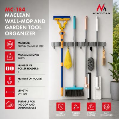 8. MACLEAN Wandorganizer für Gartengeräte und Wischmopps, Stahl, mit Haken, max. Traglast 20 kg, Breite 49 cm MC-184