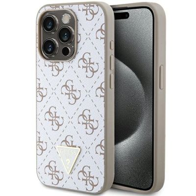 Guess 4G Dreieck-Metalllogo-Hülle für iPhone 15 Pro – Weiß