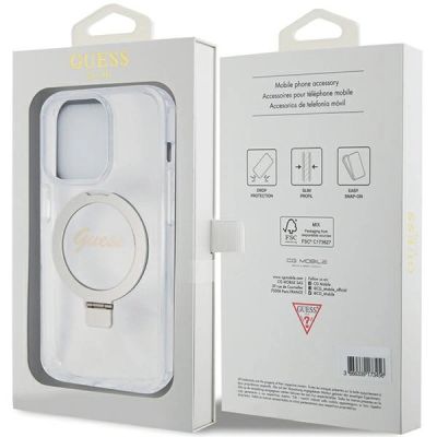 8. Guess Ring Stand Script Glitter MagSafe Hülle für iPhone 15 Pro – transparent