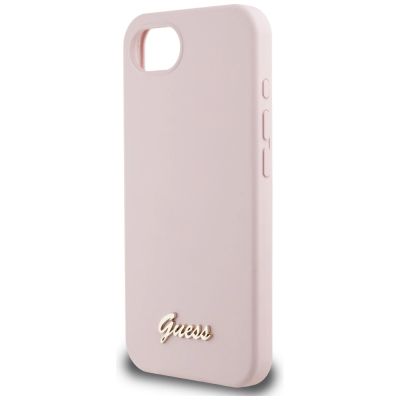 6. Guess Silikon Script Metal Logo MagSafe iPhone 16e Hülle - Rosa
