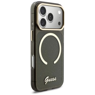 4. Guess IML Glitters Script Strap MagSafe Hülle für iPhone 17 Pro - Schwarz