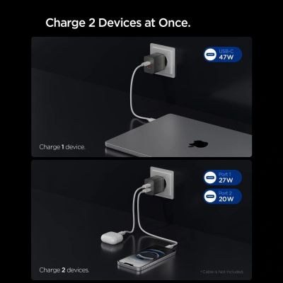 3. Spigen Essential EE472EU-GAN 2-Port 47W Wandladegerät – Dunkelgrau