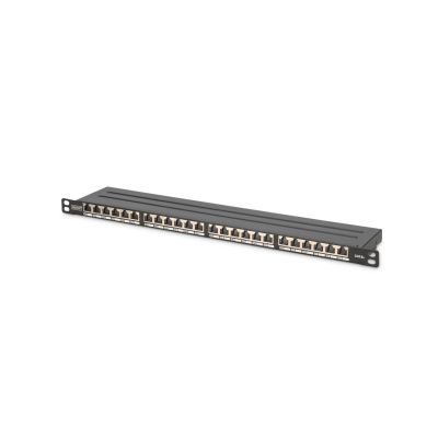 17. Hochdichtes Patchpanel 19 Zoll, 24x RJ45, LSA-Level, Cat. 6A, geschirmt, 0,5 HE, schwarz, Kabelführung