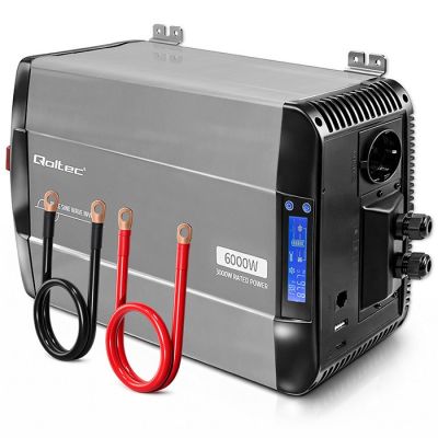 Qoltec Sinus-Spannungswandler | 12 V auf 230 V | 3000/6000 W | LCD | USB | USB-C | Kompatibel mit LiFePO4-, GEL- und AGM-Akkus
