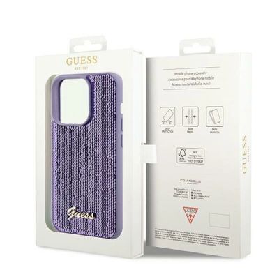8. Guess Pailletten Script Metallhülle für iPhone 14 Pro – Lila
