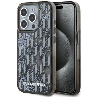 Karl Lagerfeld Liquide Glitter Monogram Gradient iPhone 15 Pro Max Hülle - Schwarz