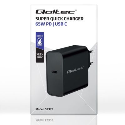 8. QOLTEC Super-Schnellladegerät mit Power Delivery | 1x USB-C | 65 W | 5–20 V | 3–3,25 A | Schwarz