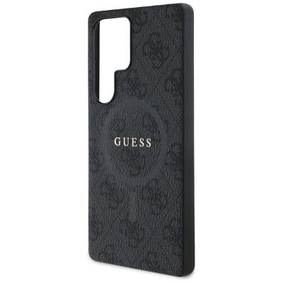 6. Guess Leder 4G Farbiger Ring Classic Logo MagSafe Hülle Samsung Galaxy S25 Ultra schwarz