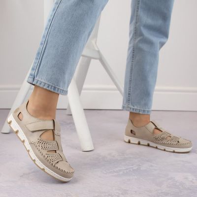 15. Rieker W RKR651 beige Leder Klettverschluss durchbrochene Schuhe