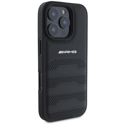 4. AMG Lederhülle mit geprägten Linien und schwarzem Logo für iPhone 16 Pro Max – Schwarz