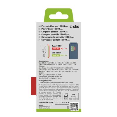 3. Powerbank SBS 10000 mAh 20W mit integriertem USB-C-Kabel und Digitalanzeige - dunkelgrau