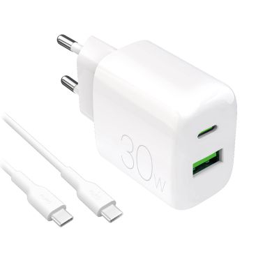 Puro PROLITE 30W USB-A / USB-C Wandladegerät + USB-C - USB-C Kabel 1,2m - weiß