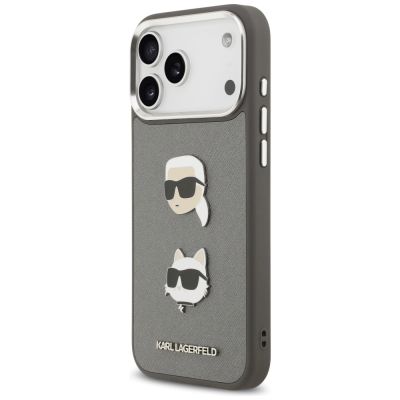 2. Karl Lagerfeld FW Grained Karl & Choupette Heads Pins & Logo iPhone 17 Pro Max Hülle - Grau