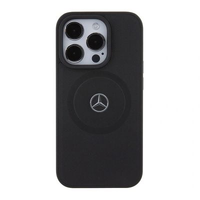 3. Mercedes-Benz MagSafe-Lederhülle mit gekreuzten Linien für iPhone 15 Pro – Schwarz