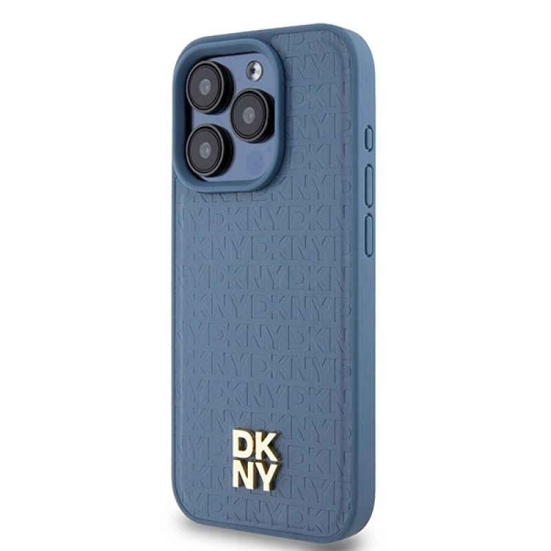 2. DKNY MagSafe-Hülle aus Leder mit Monogrammmuster und Metalllogo für iPhone 15 Pro – Blau