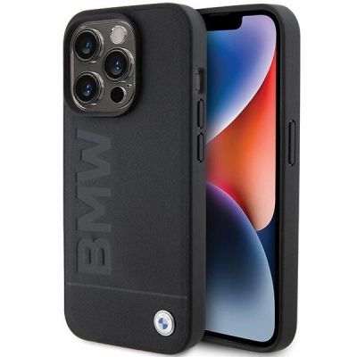 BMW Leder Hot Stamp Hülle für iPhone 15 Pro – Schwarz