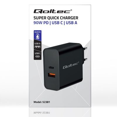 8. QOLTEC Super-Schnellladegerät mit Power Delivery | 1x USB-C | 1x USB | 90 W | 5–20 V | 2,4–4,35 A | Schwarz