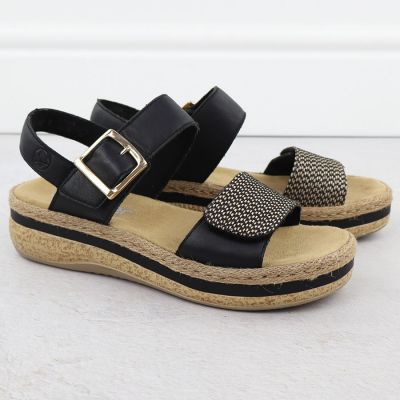 2. Schwarze Keilsandalen aus Leder für Damen mit Klettverschluss, Rieker V0951
