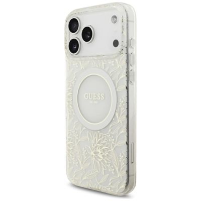 3. Guess IML Blumenmuster, galvanisiert, mit Perlmuttriemen und MagSafe-Hülle für iPhone 18 Pro Max / 17 Pro Max – Weiß
